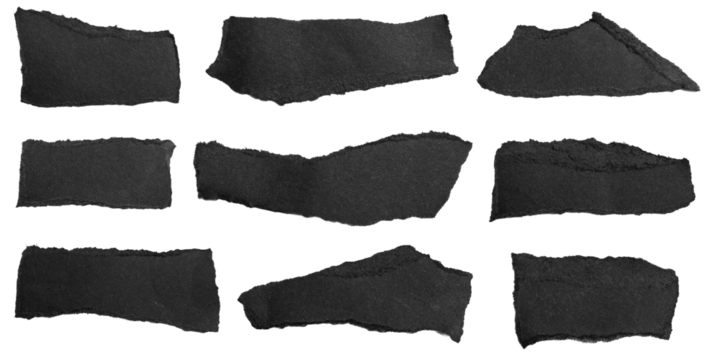 black pieces of paper on a transparent isolated background. PNG