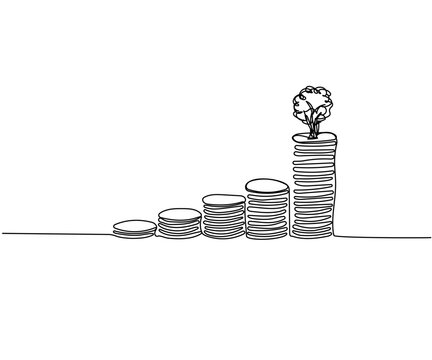 Tree Growing from Stacks of coins of different heights, cents, kopecks, pennies one line art. Continuous line drawing of bank, money, finance, financial, payment, data, savings, economic, wealth