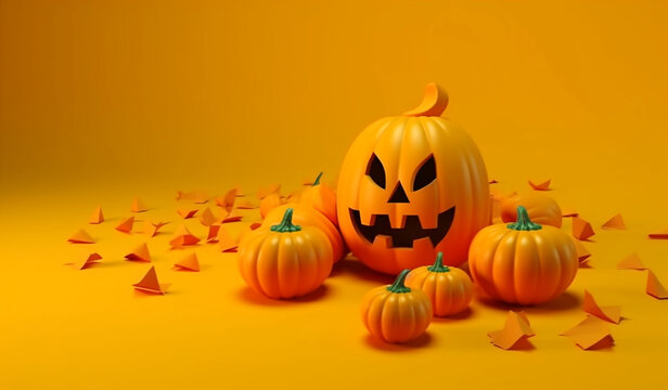 Happy Halloween banner with carved pumpkins on orange background. Mockup. Generative AI