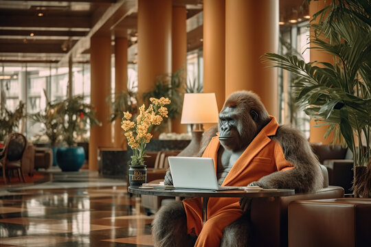 Wide shot image of the smart-casual dressed gorilla working on a laptop in the bright lobby of a hotel. Anthropomorphic concept