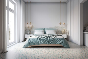 Modern cozy bedroom, classic clean interior design with blue, white and beige colors. Super photo realistic background, generative ai illustration