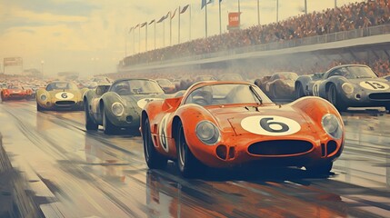 vintage picture of a formula 1 race Le mans France, car on the road, Generative AI - obrazy, fototapety, plakaty