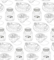 Pot with chocolate cream, piece of bread and cup of coffee. seamless pattern. Still life, composition on the table. Gray background. Lines. Vector.