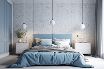 Modern cozy bedroom, classic clean interior design with blue, white and beige colors. Super photo realistic background, generative ai illustration