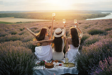 Fototapeta Young female friends having fun, raising glasses with wine and enjoy beautiful sunset at summer picnic in lavender field. obraz
