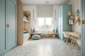 Modern cozy childrens room, classic clean interior design with blue, white and beige colors. Super photo realistic background, generative ai illustration