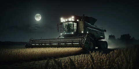 Obraz premium Ai generated illustration wheat harvester maneuver at night