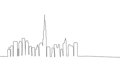Silhouette of city, one line continuous. Line art outline vector illustration of urban