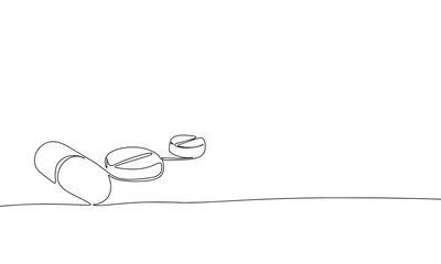 Pills, one line continuous. Line art outline vector illustration of medicine