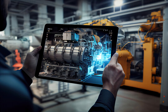 Ai generated illustration Industrial 4.0 , Augmented reality concept. Hand holding tablet with AR service , maintenance application