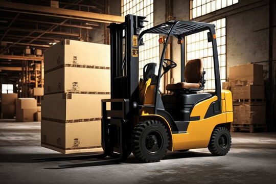 Ai generated illustration of  forklift and warehouse with stack of cardboard boxes 