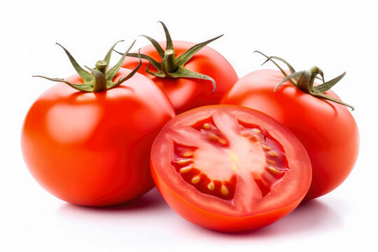 Fresh red tomatoes isolated on white background. Generative AI.