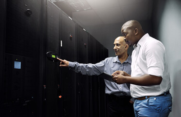 Server room, people or technicians with tablet for hardware, cybersecurity glitch or error with teamwork. Black man, collaboration or engineers fixing network for information technology or IT support