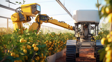 Harvesting robot with automatically detecting of the ripeness of plants. An agricultural robot working in the greenhouse. Future technology . The concept of a smart agricultural farm. Generative AI