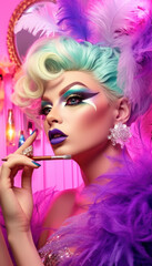 Fototapeta premium Drag Queen with heavy makeup andvibrant colors. LGBT pride festval concept. Generative AI illustrations