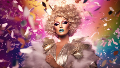 Fototapeta na wymiar Drag Queen with heavy makeup andvibrant colors. LGBT pride festval concept. Generative AI illustrations