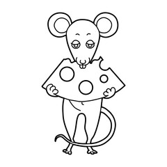 Cartoon mouse eats cheese. Coloring book for children. Scheme.
