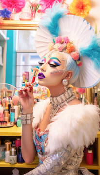 Drag Queen with heavy makeup andvibrant colors. LGBT pride festval concept. Generative AI illustrations