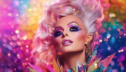 Drag Queen with heavy makeup andvibrant colors. LGBT pride festval concept. Generative AI illustrations