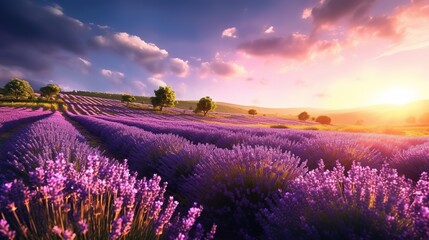 Plakat A blooming lavender field during the spring season. generative ai