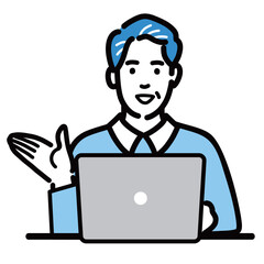 ラップトップの前に座って笑顔で説明をしている中年男性
