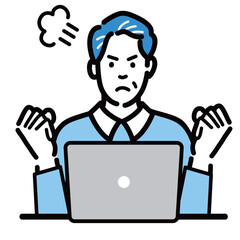ラップトップの前に座って怒っている中年男性
