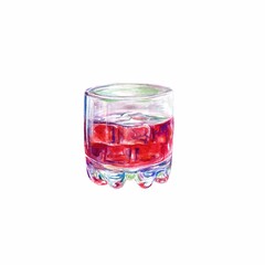 A glass of red berry juice or wine with ice. Watercolor illustration of a glass with a drink isolated on a white background. Juice labels, cafe menus.