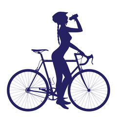 Vector silhouette of a girl drinking from a water bottle and standing by a gravel bike. Isolated on white background