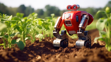 Robots for automated crop maintenance with gathering information about plant health and condition. An agribots working in the field. The concept of a smart agricultural farm. Generative AI