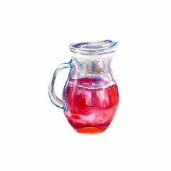 Glass jug of red berry juice. Watercolor illustration of a glass with a drink isolated on a white background. Juice labels, food packaging, cafe menus