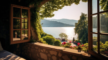Lake and mountains view from open window in summer, travel, vacation, cozy mood, tranquil