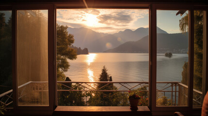 Lake and mountains view from open window in summer, travel, vacation, cozy mood, tranquil