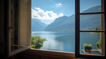Lake and mountains view from open window in summer, travel, vacation, cozy mood, tranquil