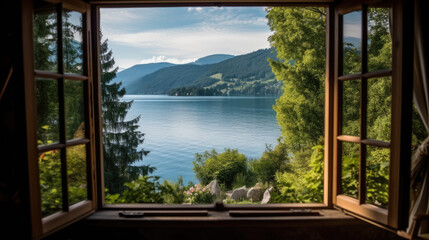 Lake and mountains view from open window in summer, travel, vacation, cozy mood, tranquil