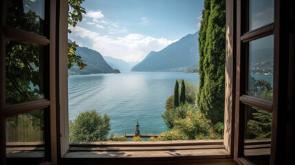 Lake and mountains view from open window in summer, travel, vacation, cozy mood, tranquil