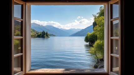 Lake and mountains view from open window in summer, travel, vacations, cozy mood, tranquil