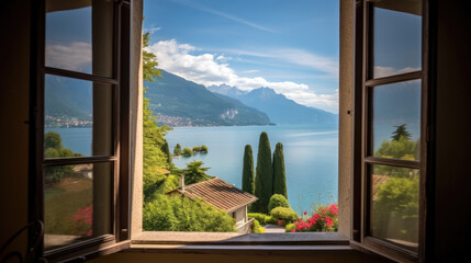 Lake and mountains view from open window in summer, travel, vacation, cozy mood, tranquil