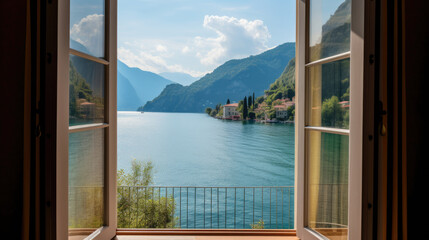 Lake and mountains view from open window in summer, travel, vacation, cozy mood, tranquil
