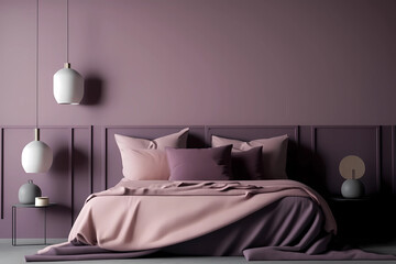Modern bedrroom with monochrome mauve purple empty wall for mockups. Contemporary interior design with trendy wall color, bed and pillows. Generative AI. - obrazy, fototapety, plakaty