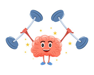 The brain lifts the bar. Brain training. treadmill. Education and knowledge. Vector stock illustration. isolated. Character. Cartoon. Force.