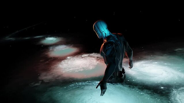 The divine demiurge walks among the emerging galaxies, the muscular figure of a deity, the moment of creation of worlds, 3d rendering