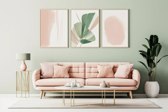 Modern interior with pink and green wall art set of 3 prints in textured abstract style. Cozy furniture. Pastel pink sofa and plants. Generative AI.