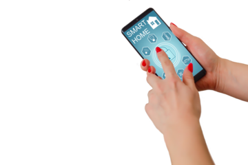 isolated woman hand holding the phone with system smart house