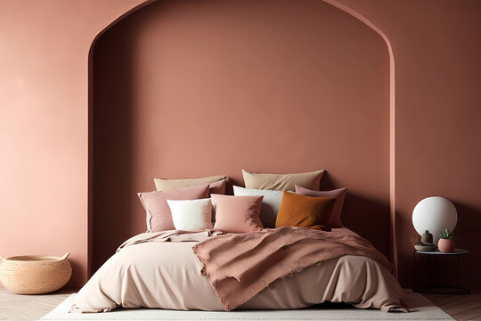 Modern bedrroom with monochrome neutral terracotta empty wall for mockups. Contemporary interior design with trendy wall color, bed and pillows. Generative AI.