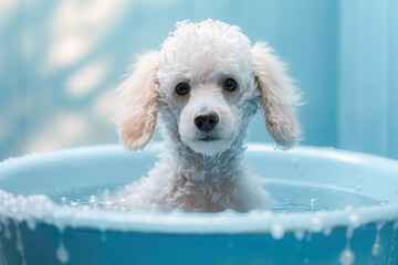 Funny puppy sitting in bathtub waiting for grooming. Banner for pet shop, grooming salon. Generative AI