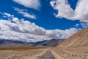 the road from Pangong Lake to Tso Moriri with desert and mountain , Ladakh, India