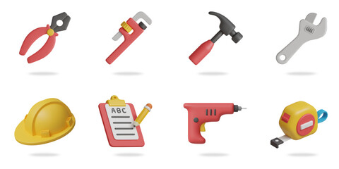 construction tools 3D vector icon set.
pliers,vernier caliper,hammer,wrench,safety helmet,clipboard,drill,tape measure