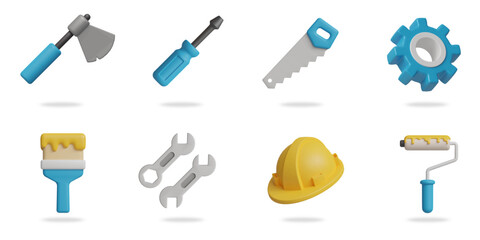 construction tools 3D vector icon set.
axe,screwdriver,saw,gear,paint brush,paint roller,wrench,safety helmet,paint roller