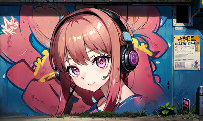 graffiti girl wearing headphones, anime girl, woman with graffiti, Generative AI