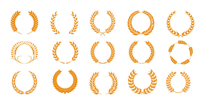 Collection of silhouettes of distinct golden and white foliate laurel, wheat and oak wreaths depicting award, achievement, coat of arms, nobility. Vector illustration.